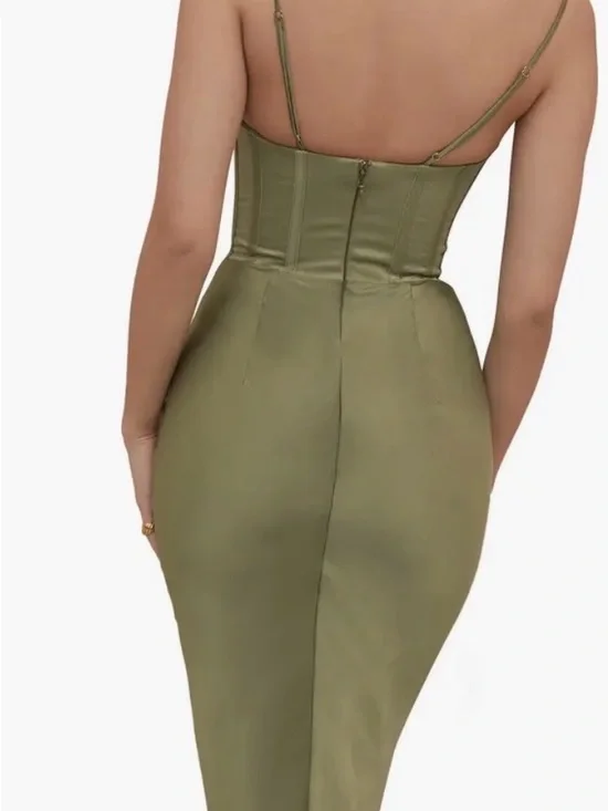 House of CB Olive Green Satin Corset Midi Dress - Picture 2 of 8